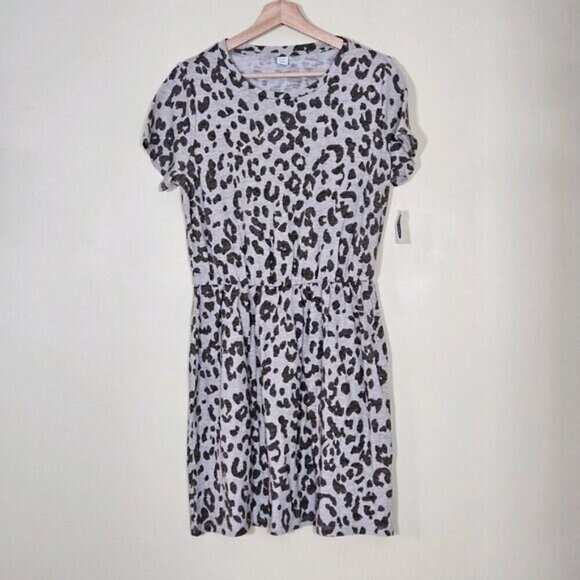 Old Navy Shirt Dress Womens M Beige Snow Leopard Cinched Waist SS Summer Cottage - Picture 1 of 16